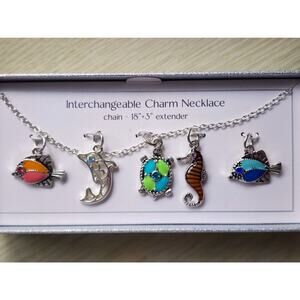 NECKLACE-Silver Tone-Charms-Interchangeable-Beach-Fish-Turtle-Fashion Jewelry
